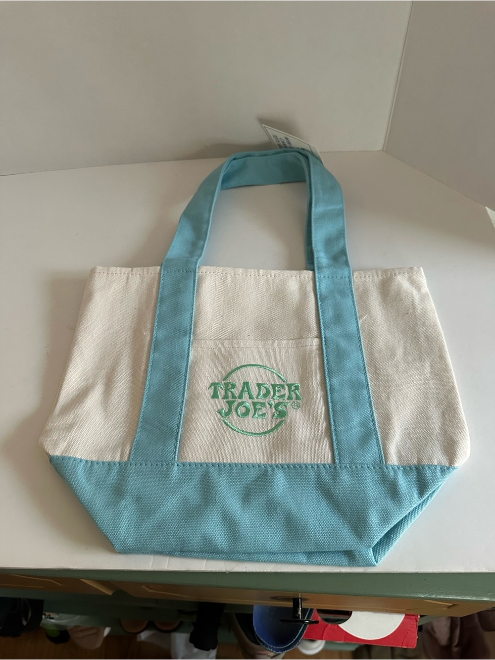Trader Joe's Canvas Tote Bag in Light Blue and Cream